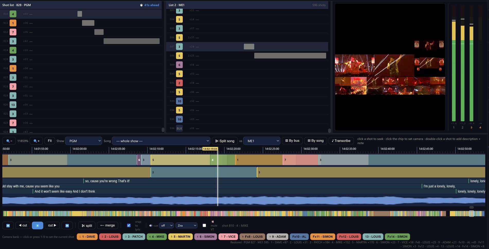 Descry — show editing interface with dual shot lists, timecode-aligned tracks, pulled lyrics, audio waveform and a camera bank