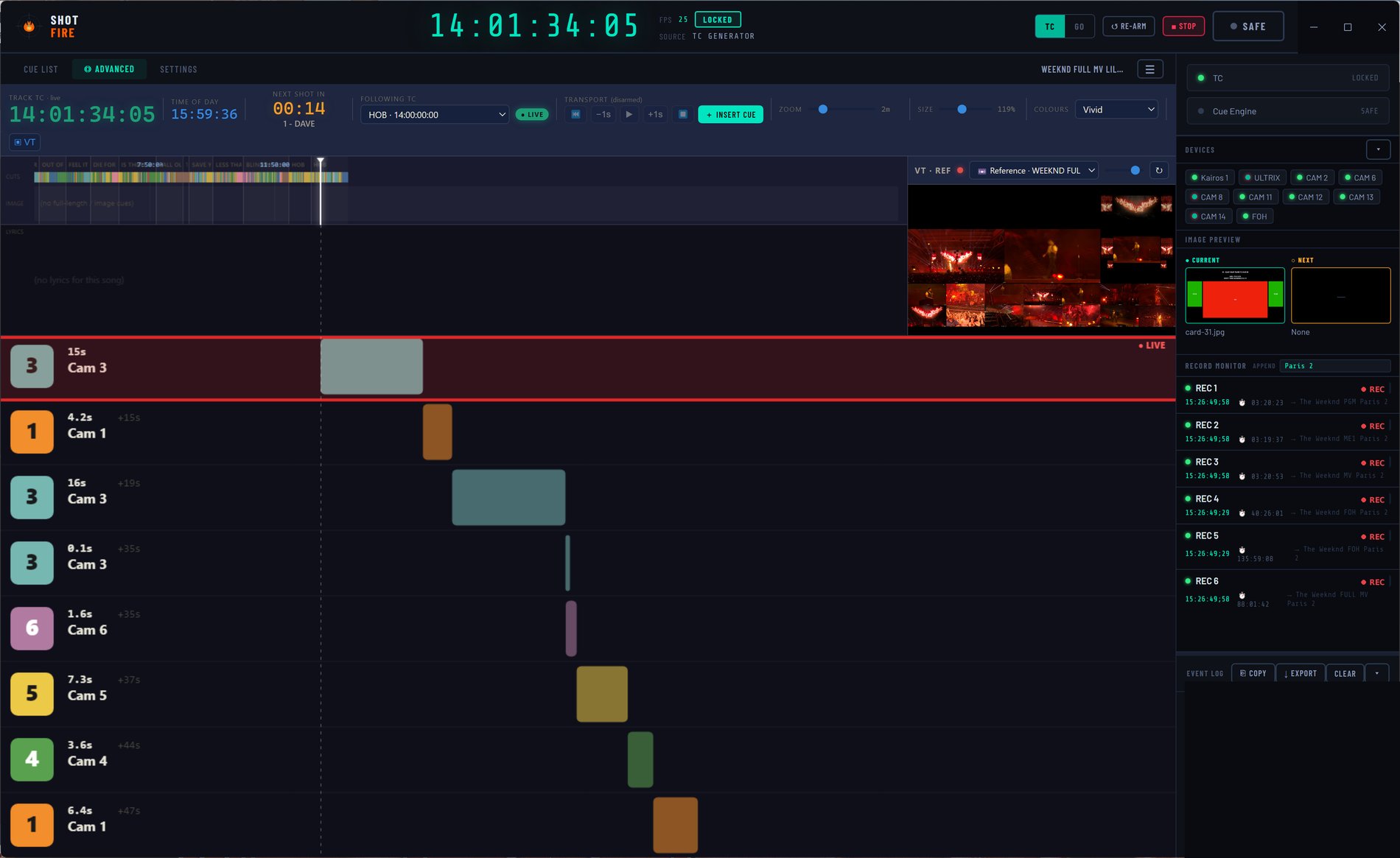Shotfire — live show control surface with a timecode-driven cue list, device heartbeats, image preview and record monitors