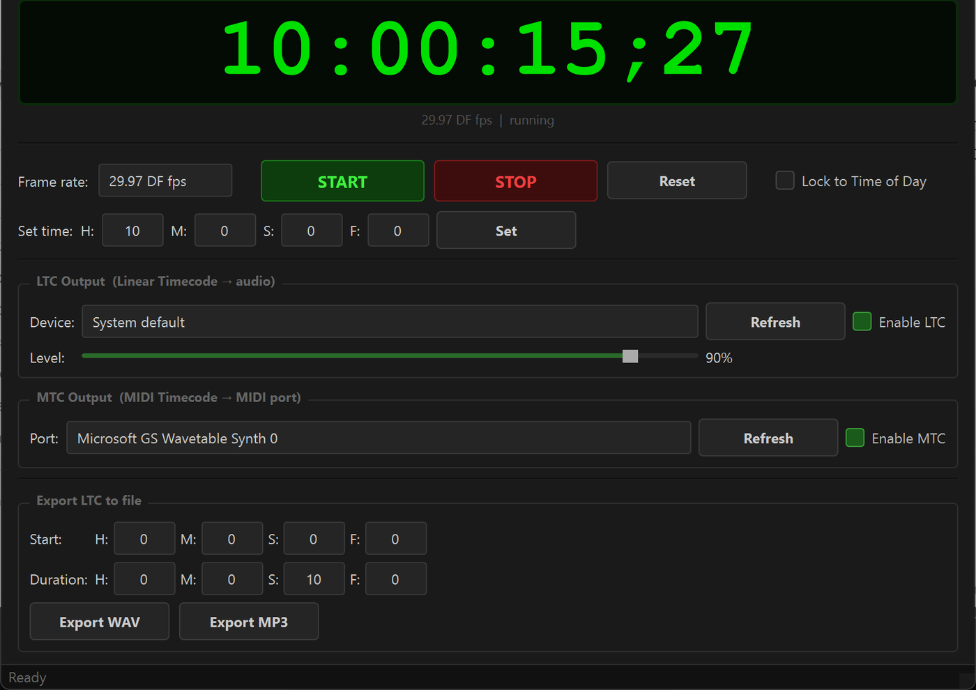Time — timecode generator interface showing a large green timecode readout, transport controls, and LTC/MTC output settings